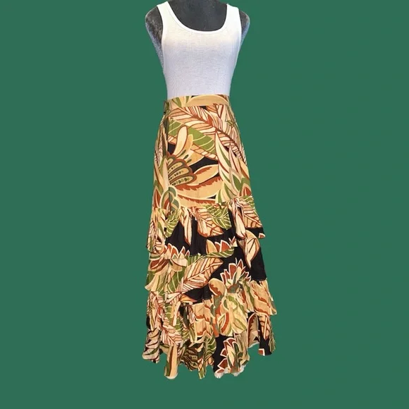Zara linen viscose blend tropical print high waist long ruffled skirt - Picture 2 of 5